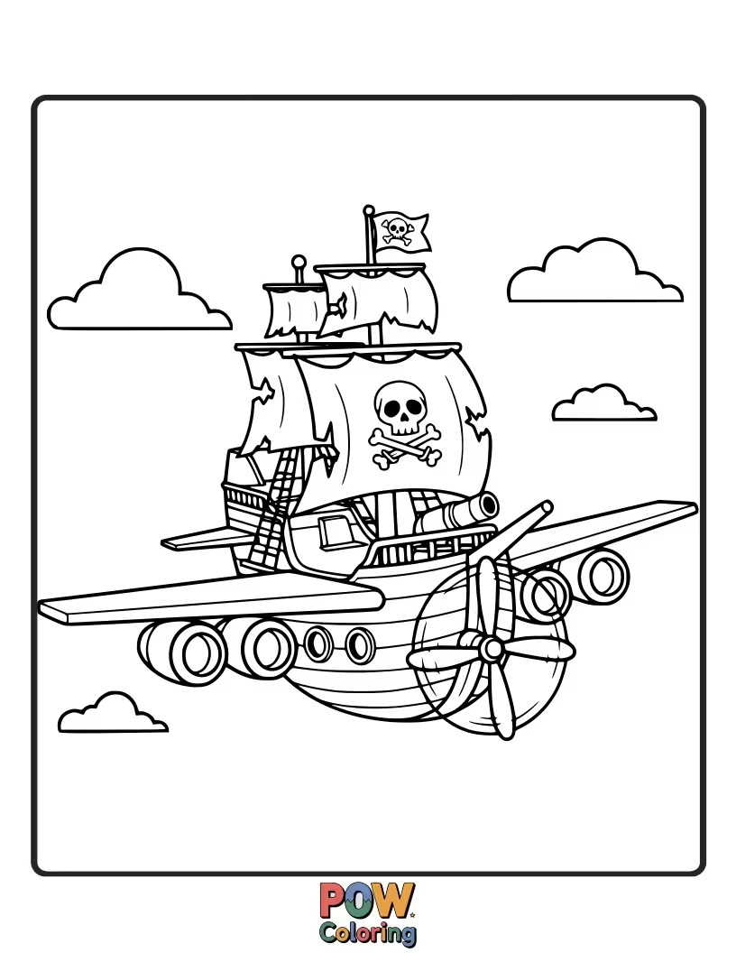 Free coloring page of A swashbuckling airplane styled like a pirate ship, complete with a skull and crossbones flag and treasure maps.