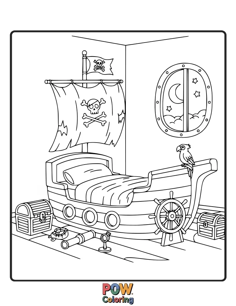 Free coloring page of A ship's wheel, treasure chest, and Jolly Roger flag make this room an adventure on the high seas.