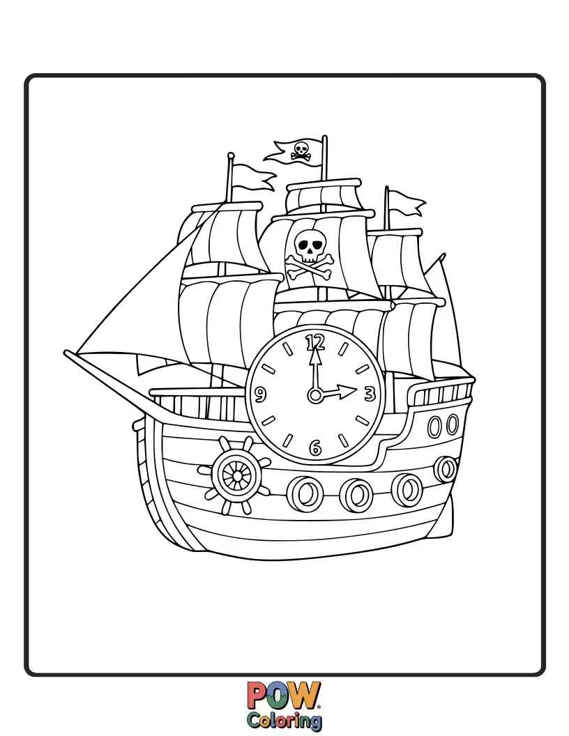 Free coloring page of An adventurous clock with a pirate ship at the helm and scattered treasure.