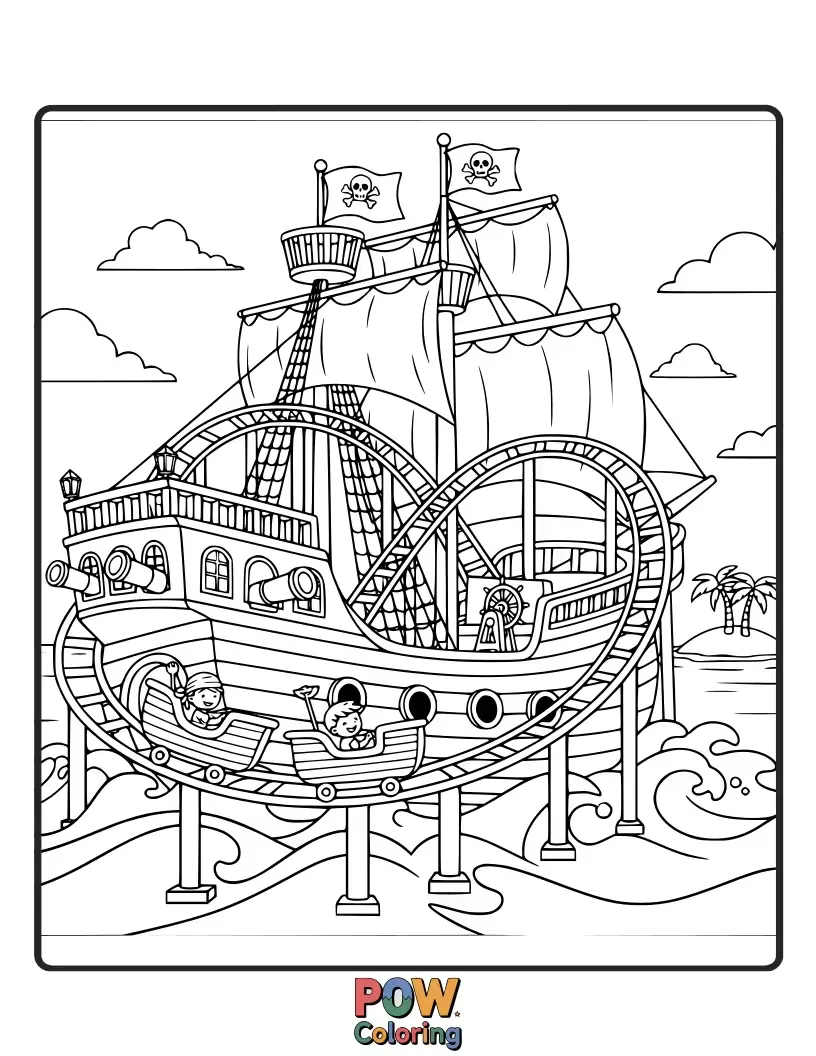 Free coloring page of Ahoy, mateys! A pirate ship transforms into a thrilling roller coaster, sailing on a treasure island adventure.