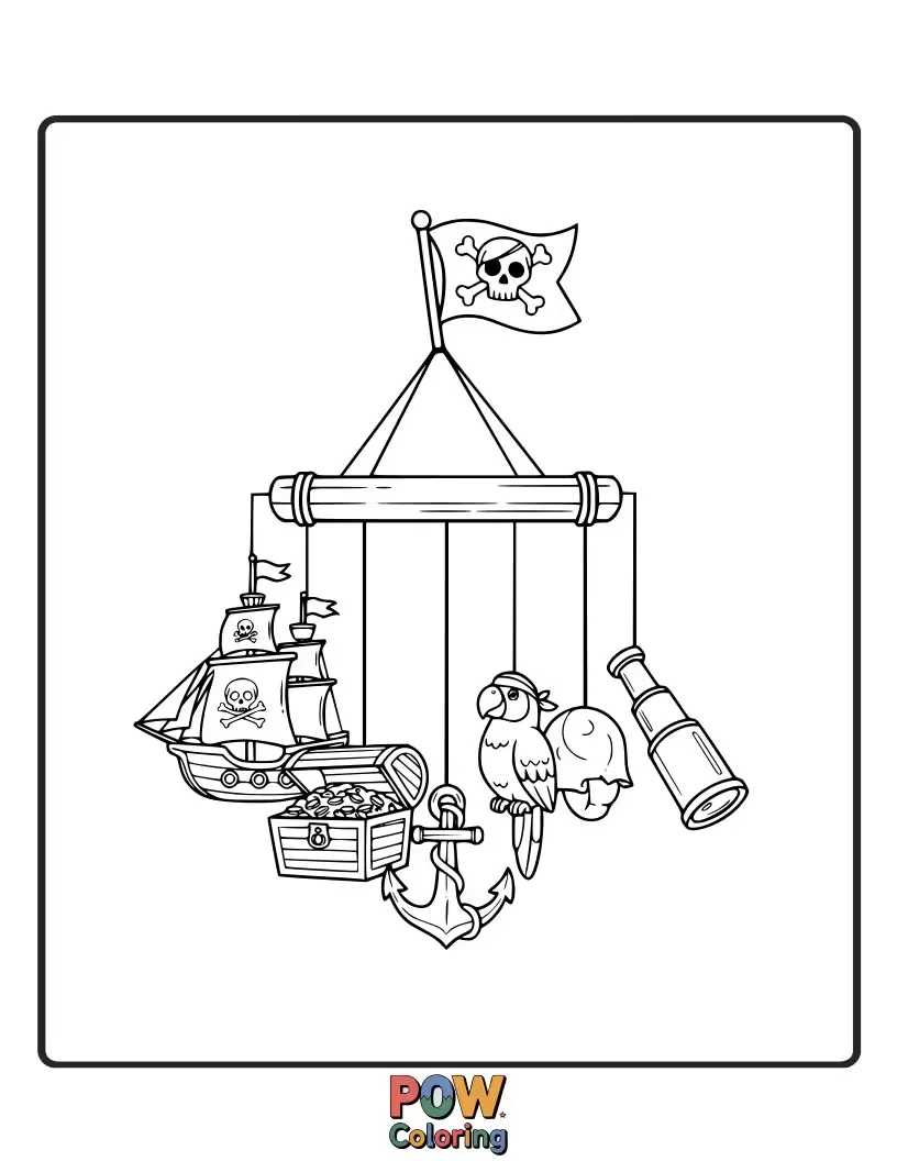 Free coloring page of A whimsical pirate ship with wind chimes as its masts, sailing on a wavy sea.