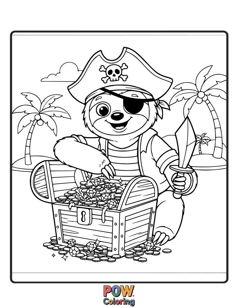 Free coloring page of A slow-moving pirate sloth hanging from a branch, admiring a single, shiny leaf.