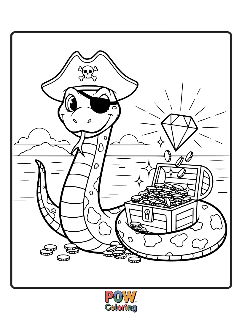 Free coloring page of A slithering pirate snake with a monocle, admiring its own shiny scales.