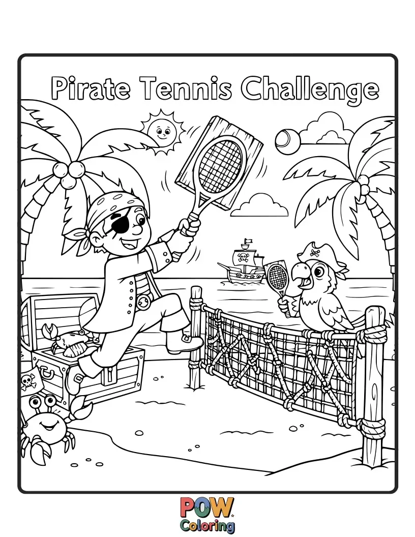 Free coloring page of A fierce pirate captain challenging a parrot to a tennis match on a sandy beach court.
