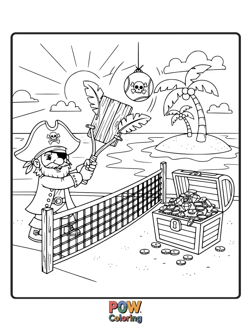 Free coloring page of Pirates on a ship deck playing tennis, with a treasure chest as the net and seagulls watching.