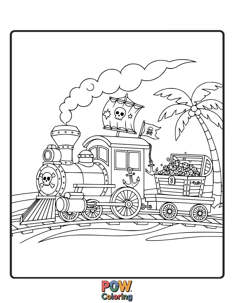 Free coloring page of A pirate ship train searching for buried treasure on a tropical island. Swashbuckling colors for an exciting quest.