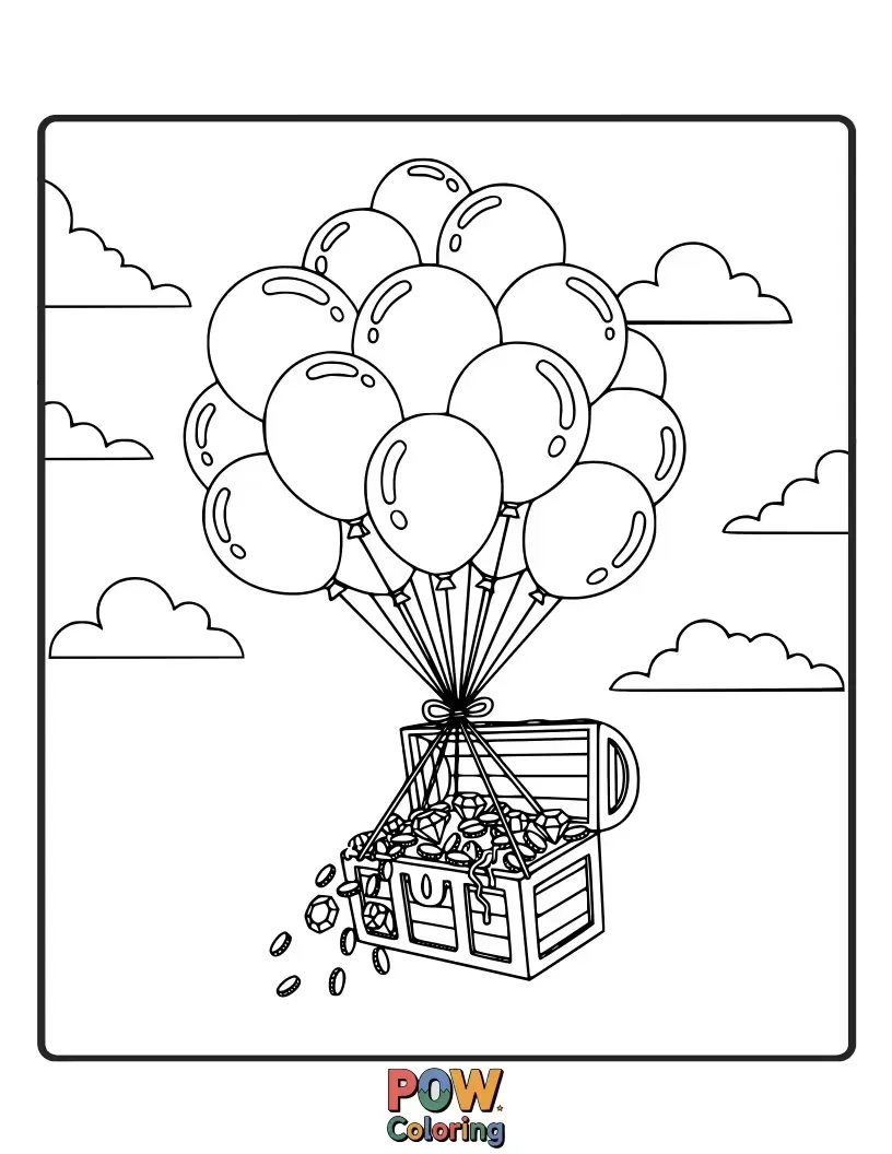 Free coloring page of A pirate ship acts as the basket for a magnificent hot air balloon, sailing over a treasure island.