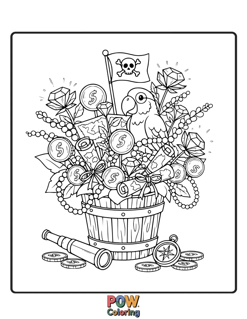 Free coloring page of A bounty of blooms with pirate ships, treasure chests, and friendly parrots scattered.