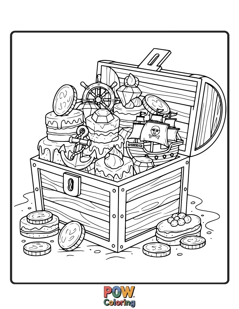Free coloring page of Cakes shaped like treasure chests filled with edible gold coins and surrounded by pirate maps.