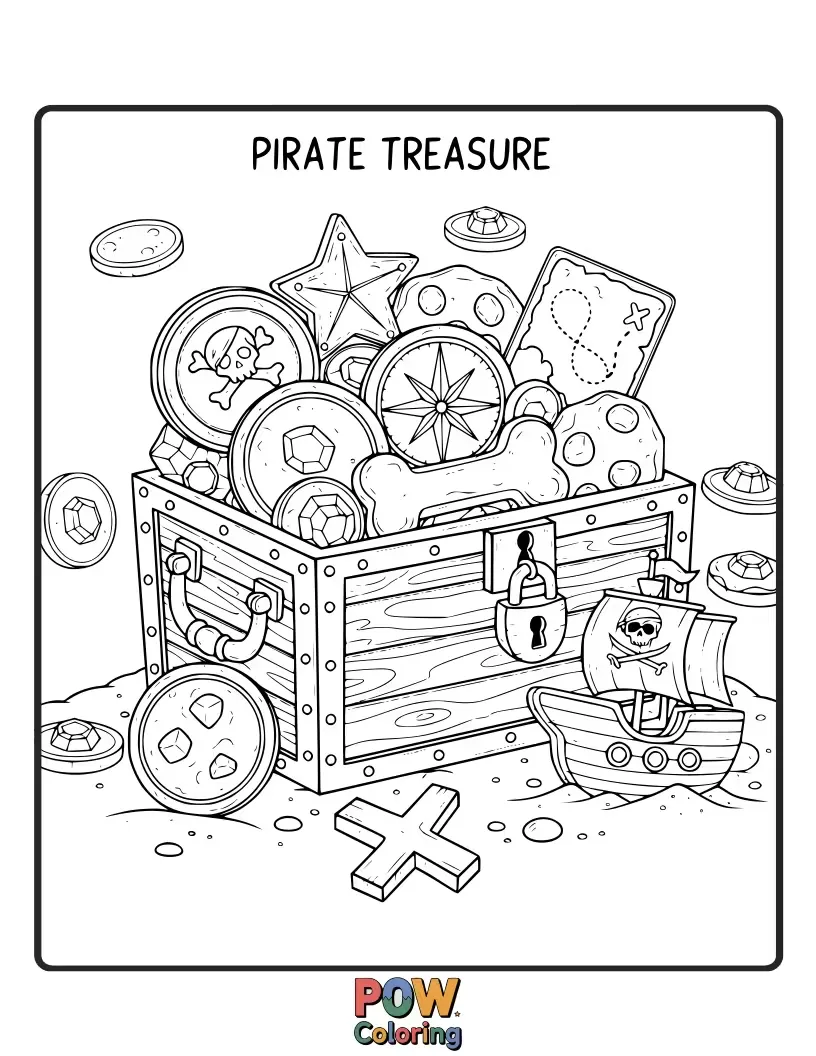 Free coloring page of Adventurous cookies shaped like treasure chests, maps, and pirate hats. Embark on a colorful, sweet quest.