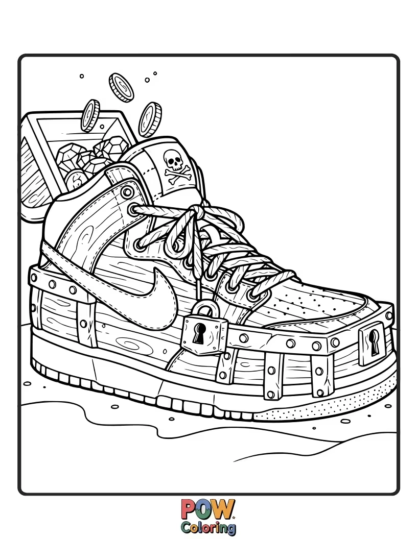 Free coloring page of Discover buried treasure with this Nike shoe, complete with a pirate map, gold coins, and a parrot.
