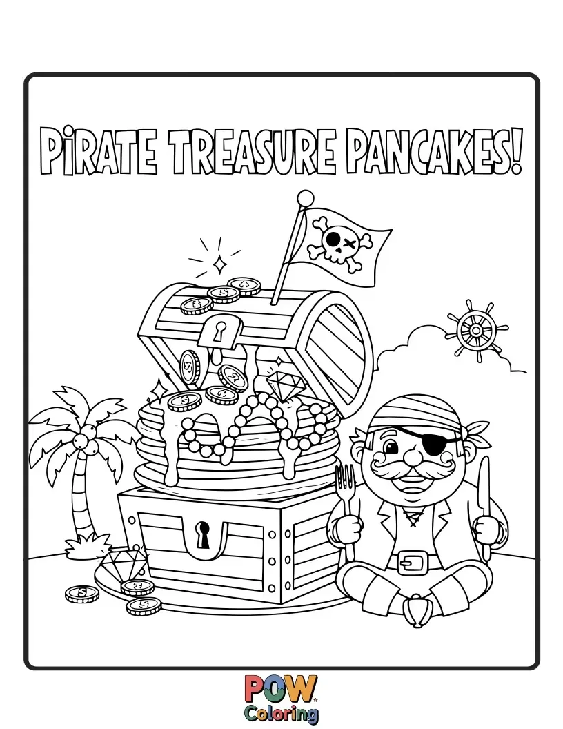 Free coloring page of A stack of pancakes resembling a treasure chest overflowing with golden syrup coins and chocolate chip jewels.