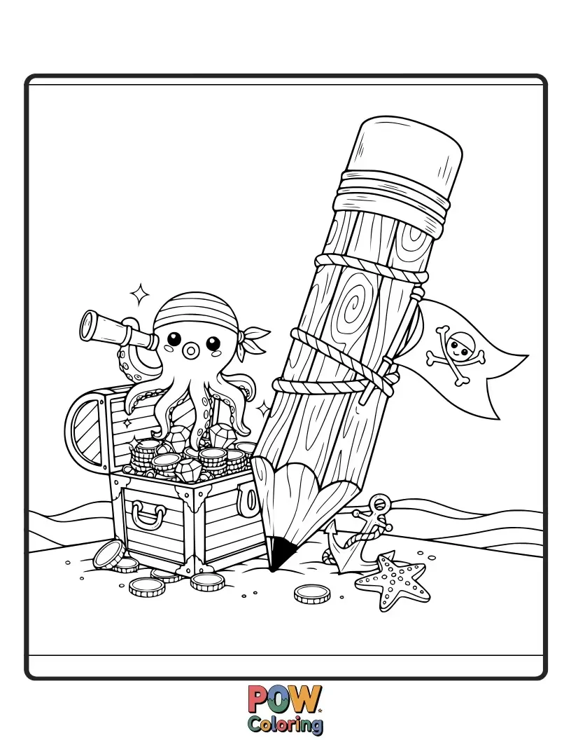 Free coloring page of A treasure-hunting pencil adorned with a pirate hat and eyepatch, ready to draw maps to imaginary riches.