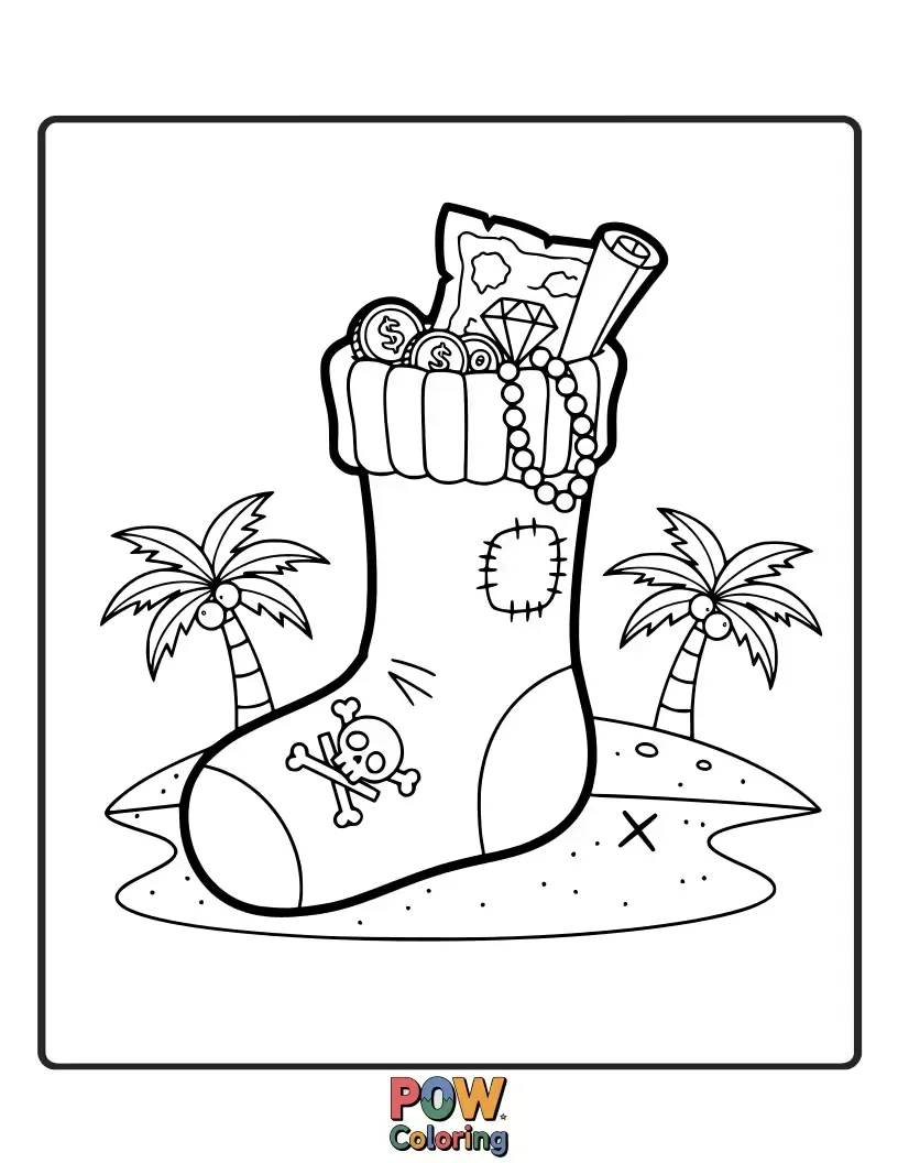 Free coloring page of Ahoy, matey! These socks are packed with pirate adventure, featuring treasure chests, gold coins, and skull symbols.