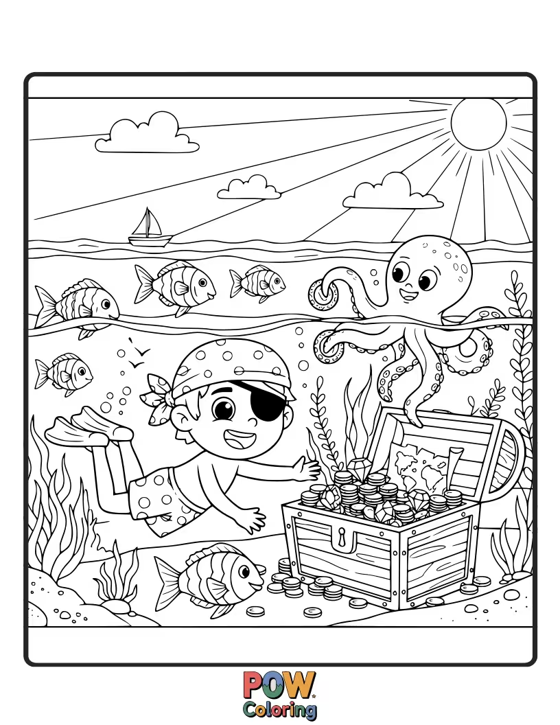 Free coloring page of A pirate parrot dives for a shiny treasure chest at the bottom of the sea, with coins scattered around.