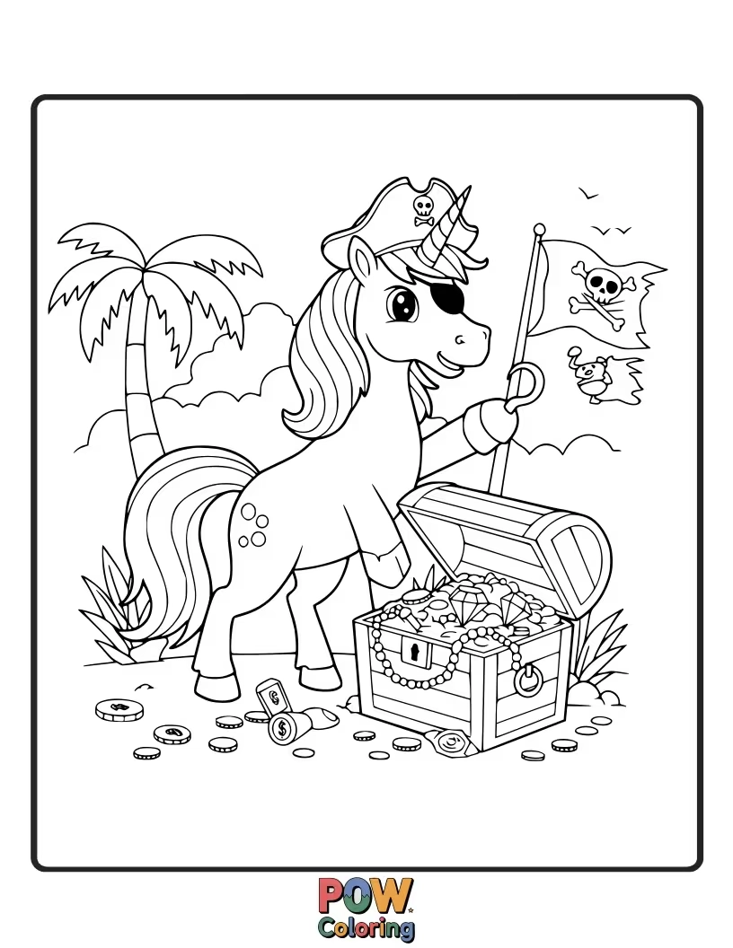 Free coloring page of Adventurous unicorn dressed as a pirate, guarding a chest overflowing with golden treasure.
