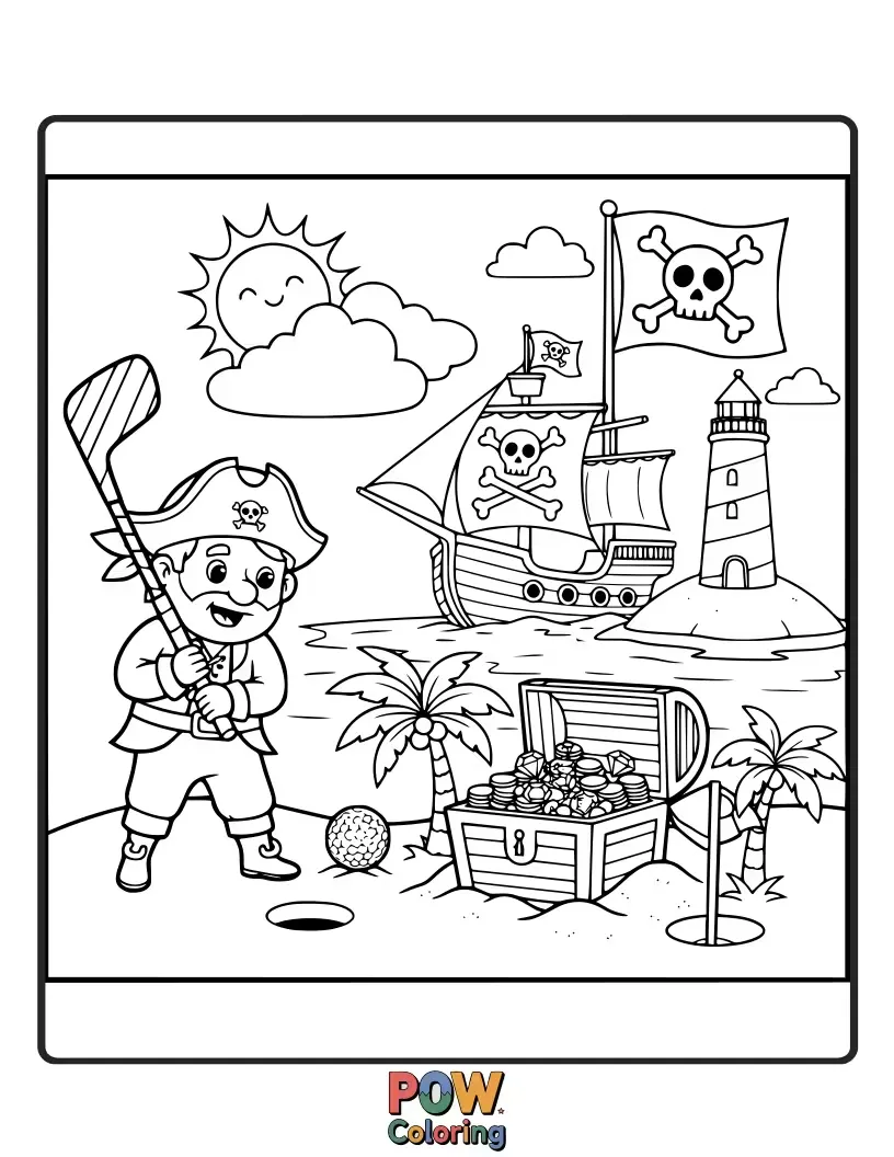 Free coloring page of A pirate with an eyepatch and peg leg searching for his golf ball, which is a treasure chest.