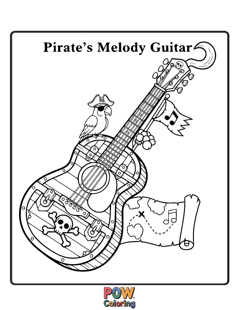 Free coloring page of A pirate with an eye patch and bandana playing a treasure-laden guitar.