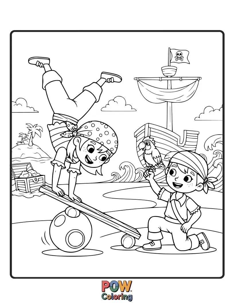 Free coloring page of Pirates balancing on a ship's plank, performing daring flips and jumps with a treasure map in sight.