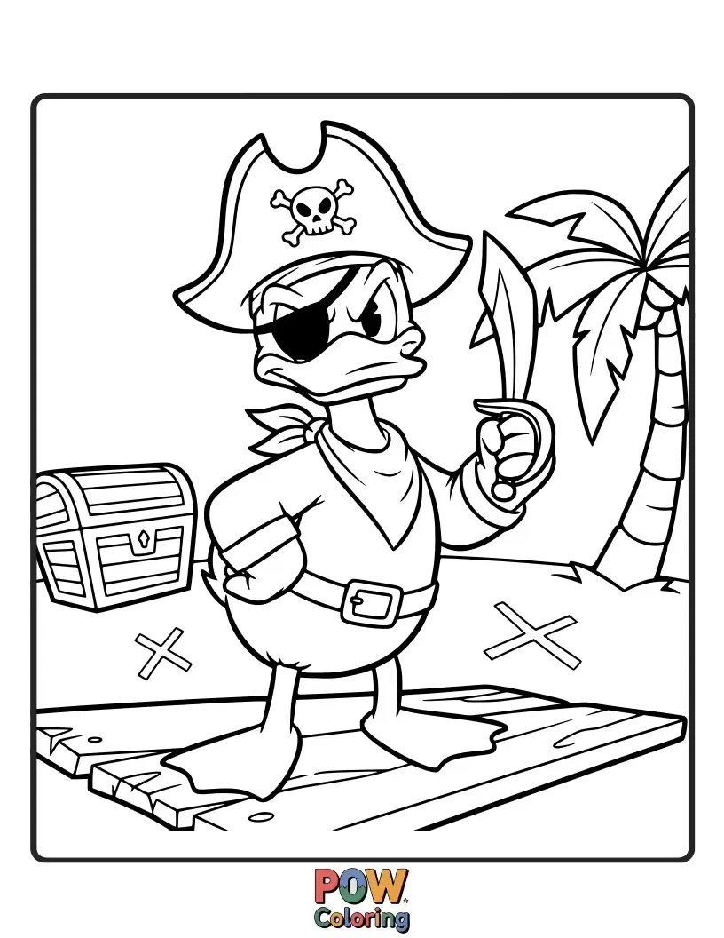 Free coloring page of A brave duck pirate with an eyepatch and bandana, ready for a treasure hunt adventure.