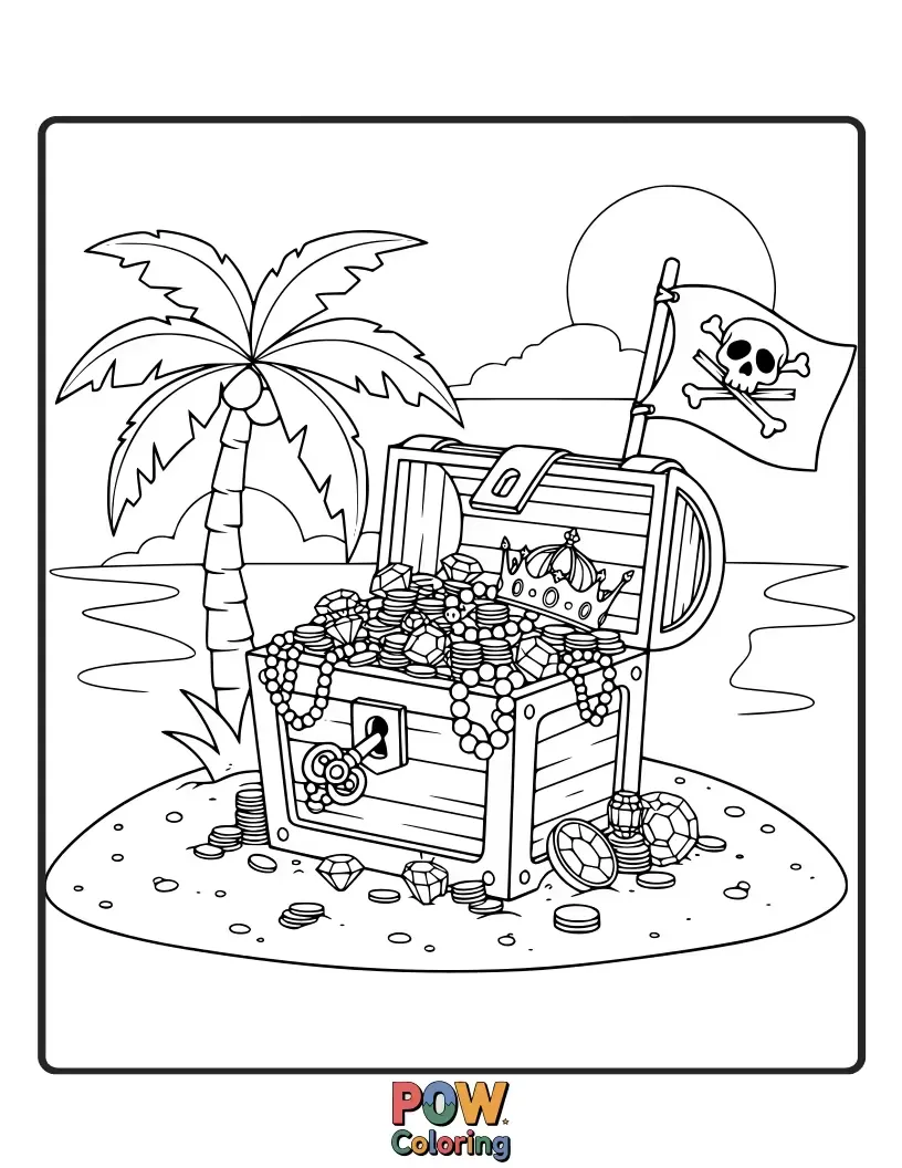 Free coloring page of A pirate captain playing chess with a parrot on a treasure chest board, with gold coins scattered around.