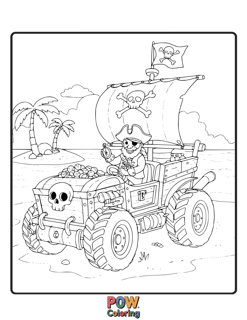 Free coloring page of A pirate-themed race car adorned with treasure maps and skulls, seeking victory on the high seas.