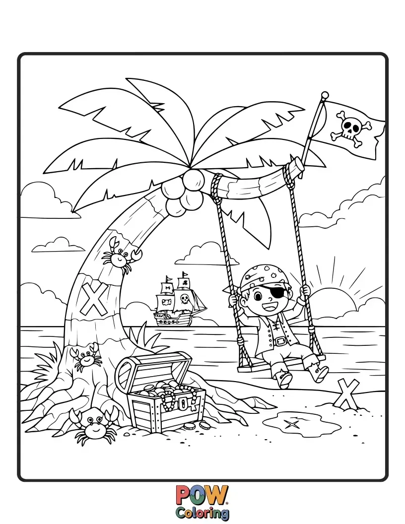 Free coloring page of A cheerful pirate parrot swings on a rope tied to a treasure chest, surrounded by sparkling gold coins.