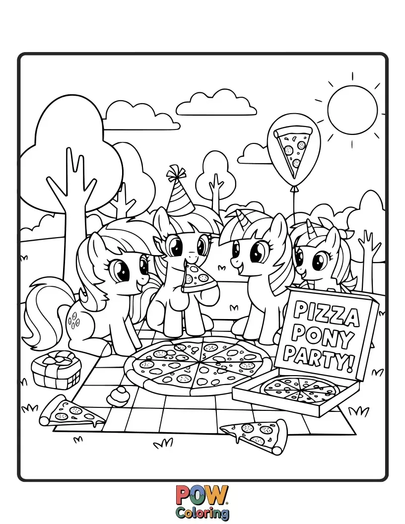 Free coloring page of A joyful horse wearing a chef's hat, surrounded by slices of pizza and party decorations.