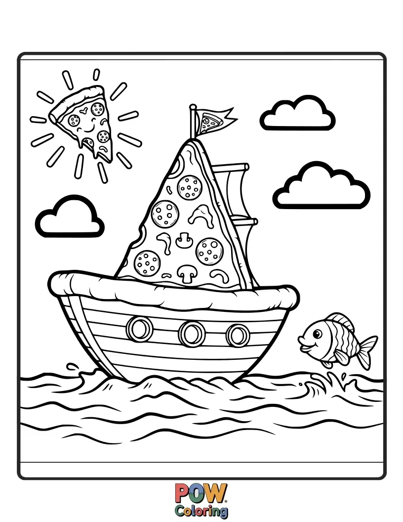 Free coloring page of A hilarious ship shaped like a giant slice of pizza, complete with pepperoni and mushroom details, sailing on a sauce sea.