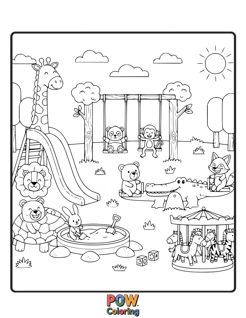 Free coloring page of Adorable woodland creatures are having a blast on playground equipment.