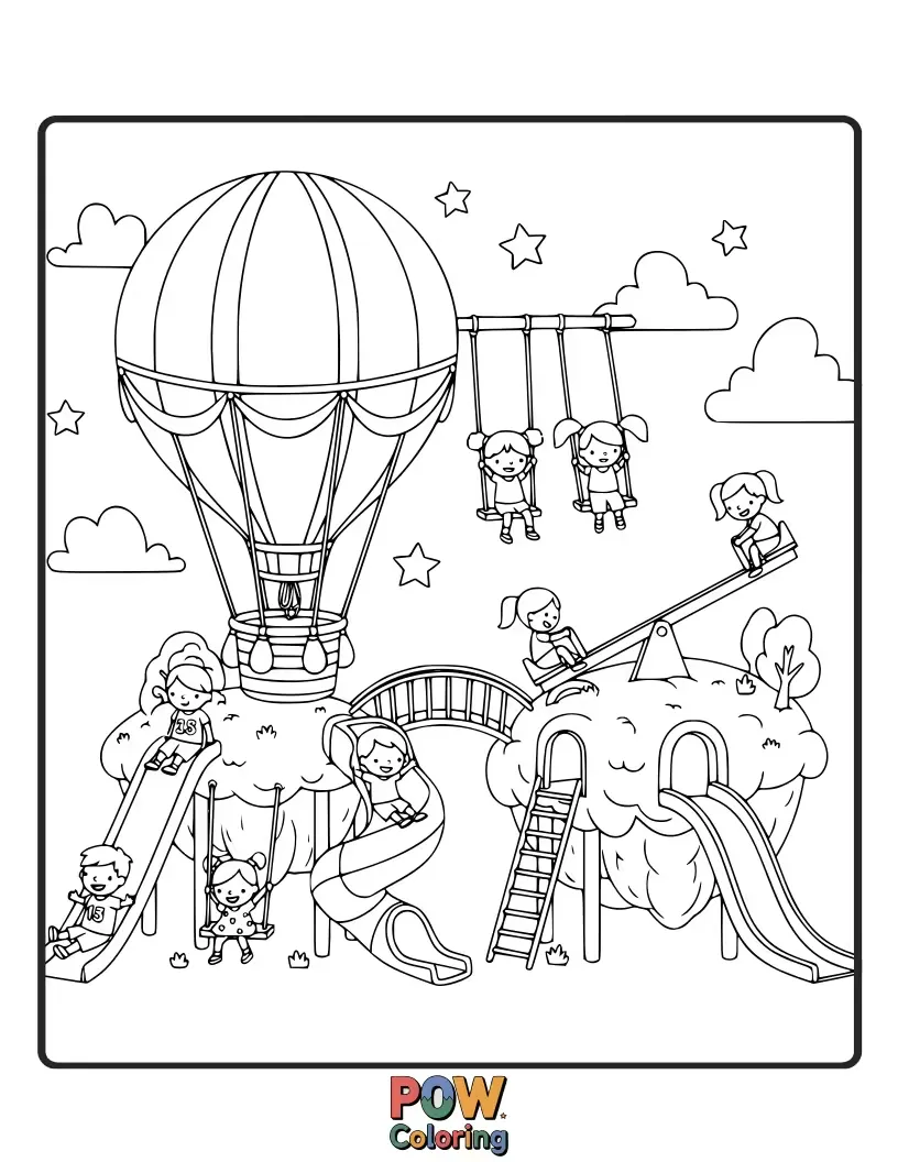 Free coloring page of Hot air balloons and giant bouncy balls create a whimsical, uplifting play space.