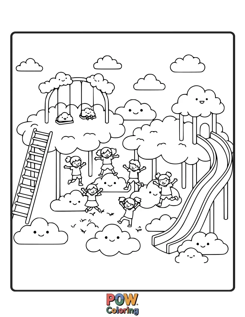 Free coloring page of Bouncy cloud-shaped platforms are the new fun on this dreamy playground.