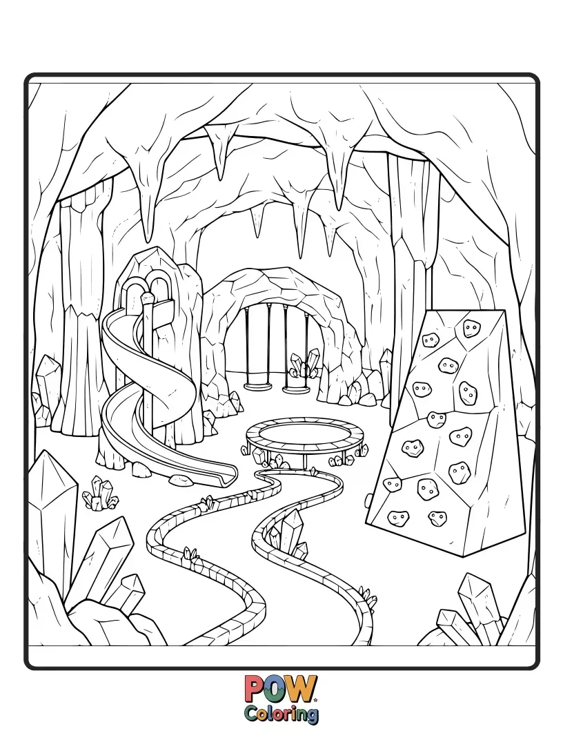 Free coloring page of A playground with shimmering crystal formations and gem-like climbing holds.