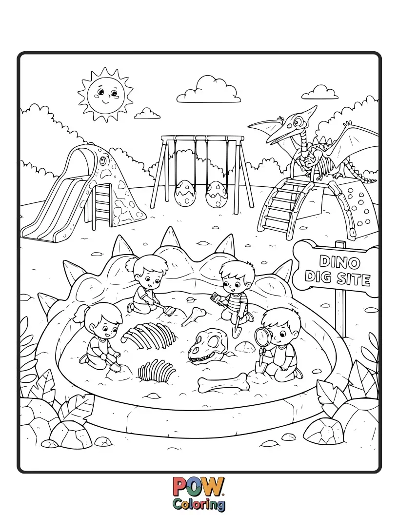 Free coloring page of A playground featuring dinosaur skeletons and fossil-themed climbing structures.