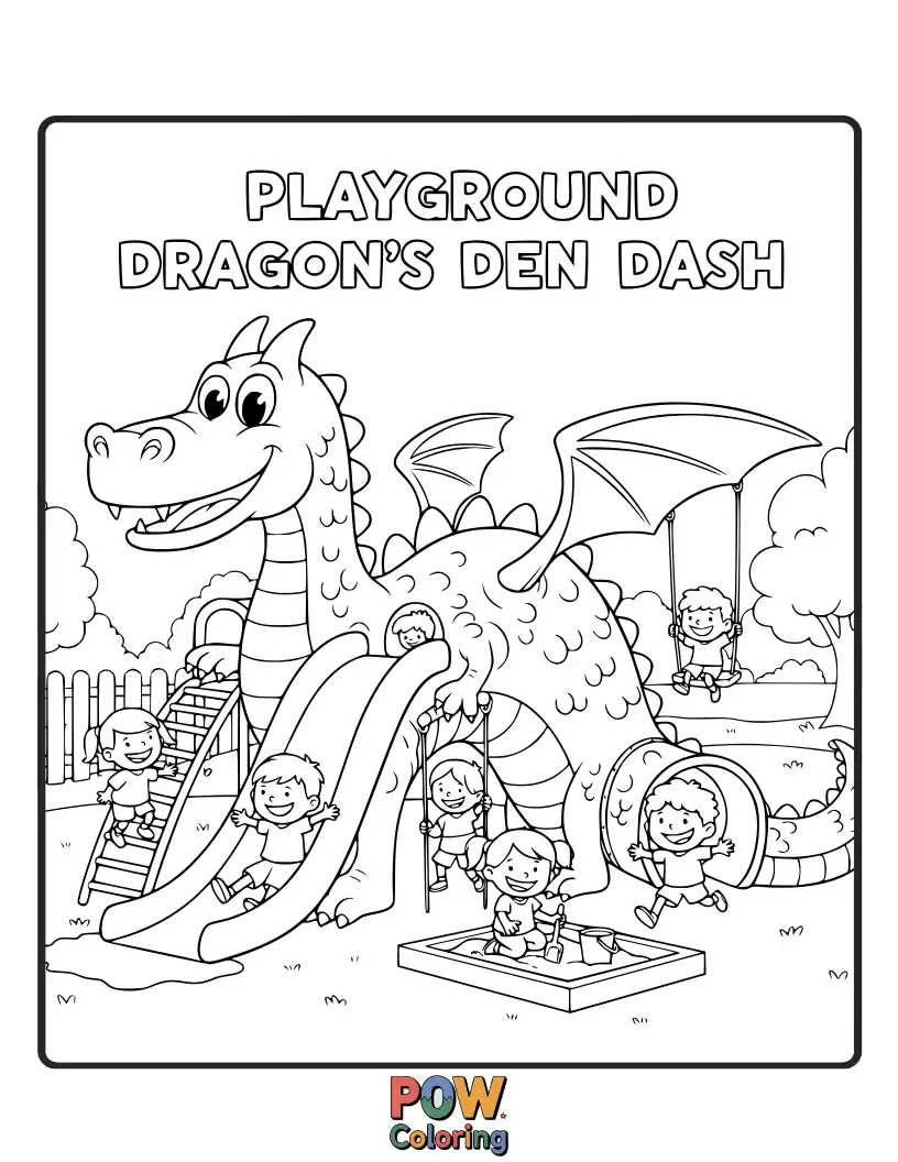 Free coloring page of A playground slide shaped like a friendly dragon, with little knights playing.