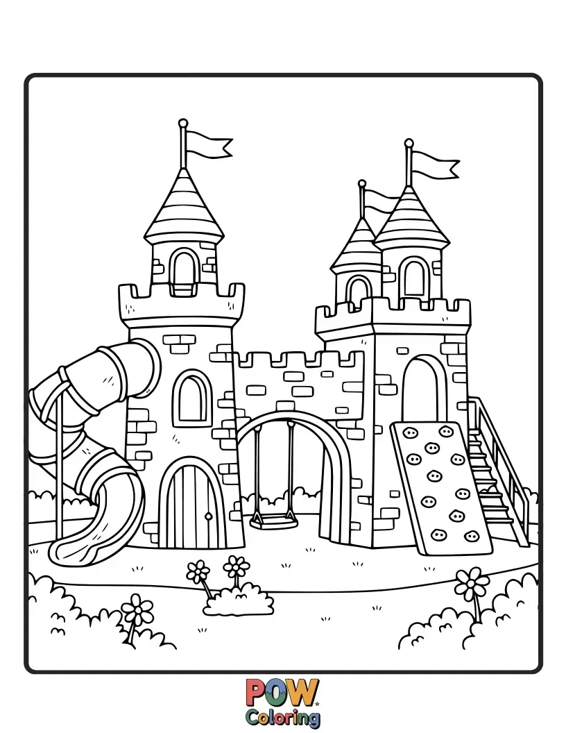 Free coloring page of A whimsical castle playground complete with turrets, bridges, and a dragon slide.