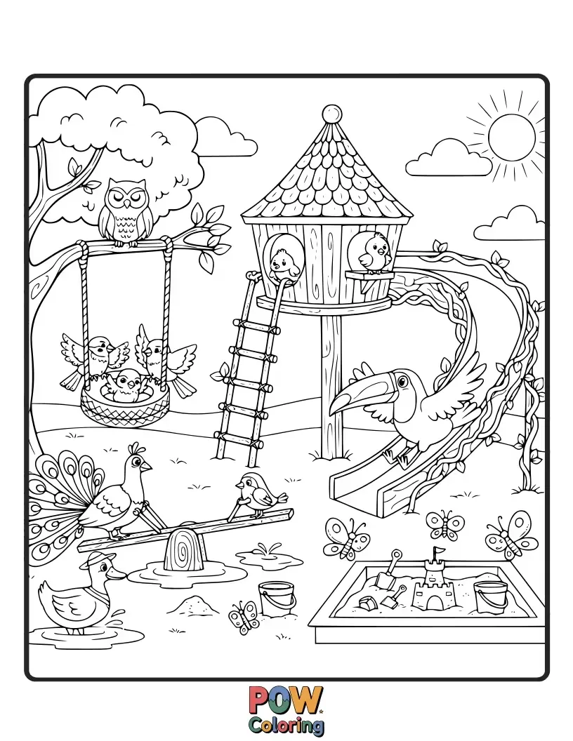 Free coloring page of Birds of all colors are enjoying the swings and slides alongside children.