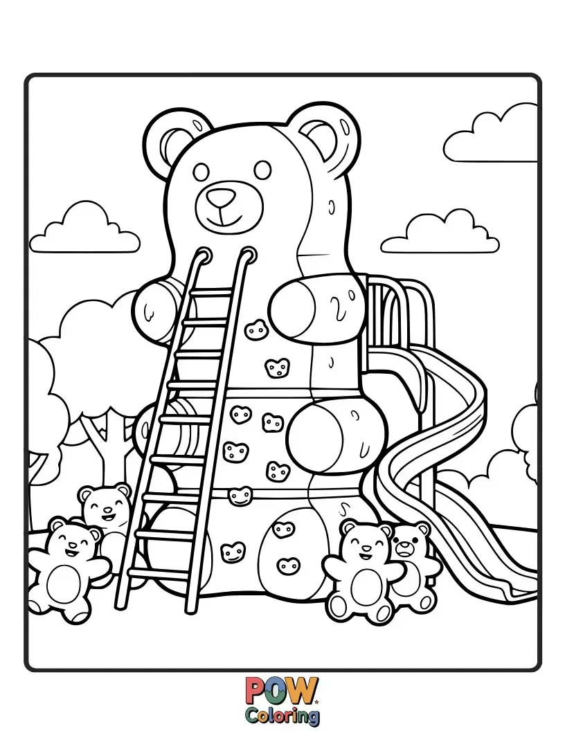 Free coloring page of A fantastical climbing structure shaped like giant, colorful gummy bears.