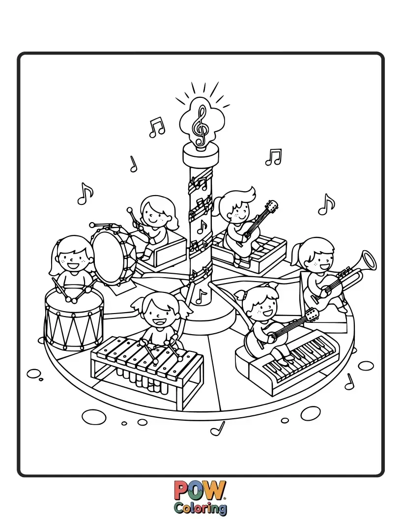 Free coloring page of A merry-go-round that plays cheerful tunes as it spins, adorned with musical notes.