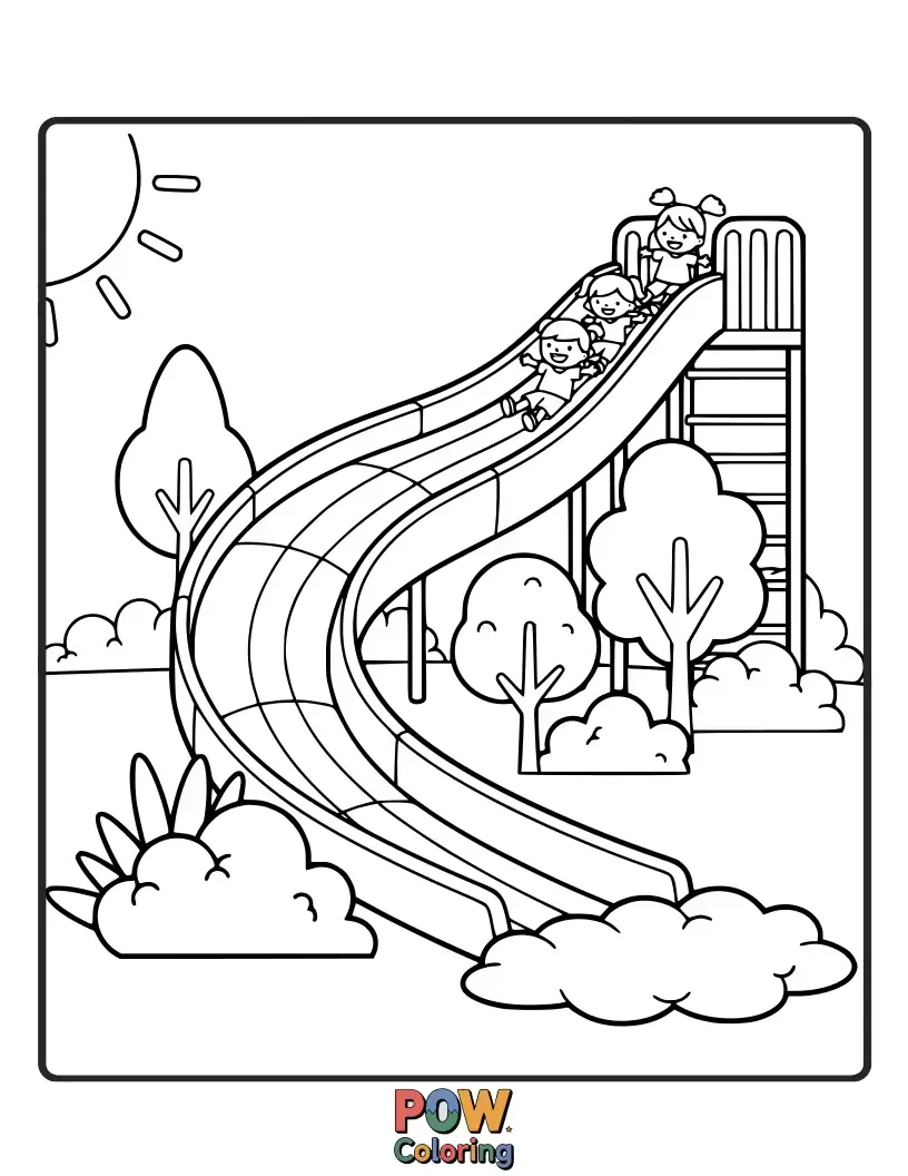 Free coloring page of A whimsical slide painted in vibrant rainbow colors, with happy children zooming down.