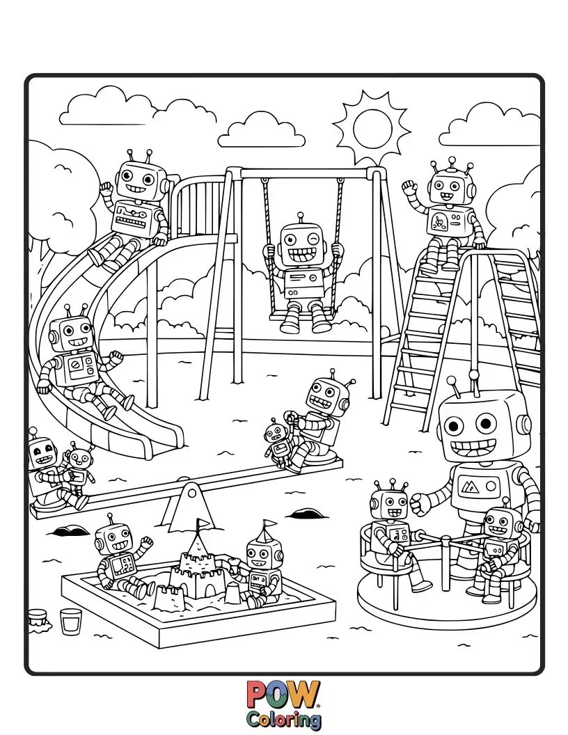 Free coloring page of Futuristic robot-themed playground equipment for adventurous young engineers.