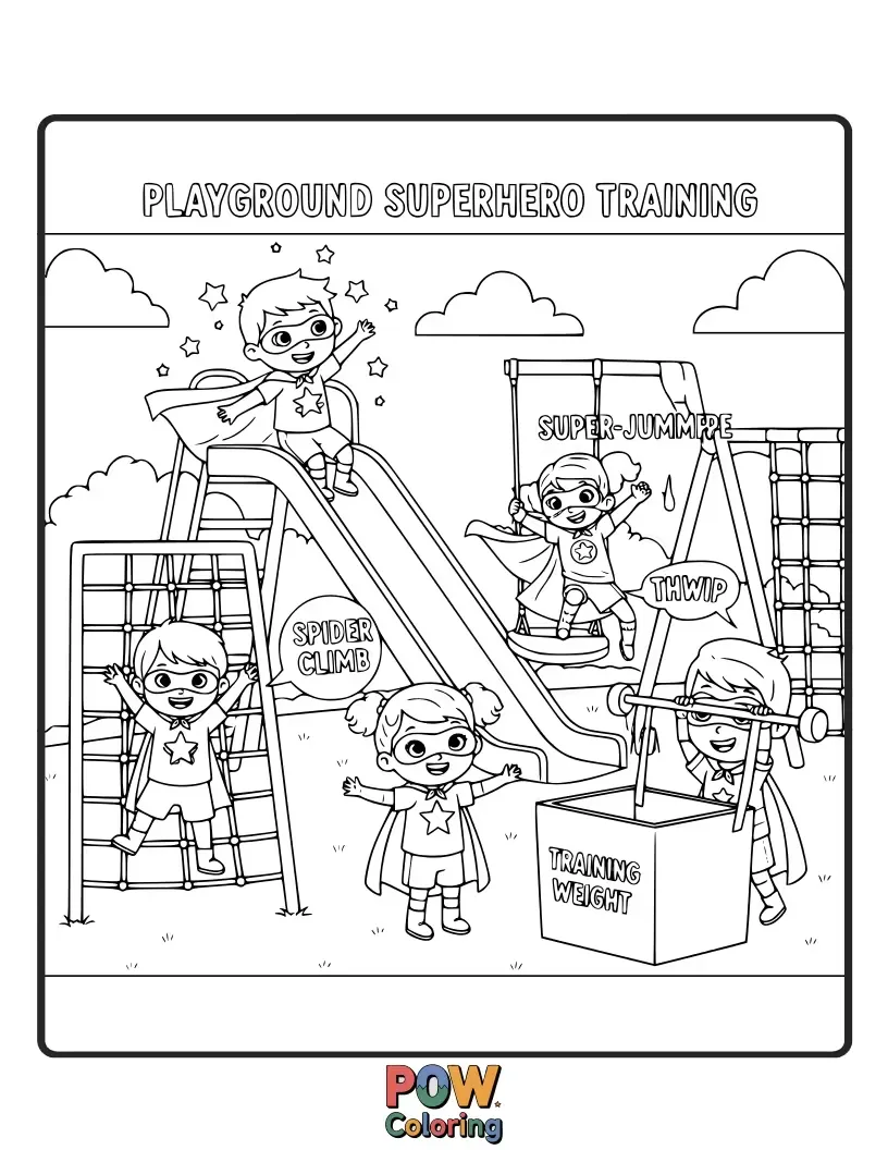 Free coloring page of Kids in capes conquer obstacle courses, swinging and climbing with heroic glee.