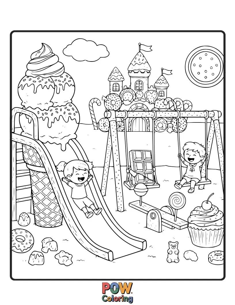 Free coloring page of A playground made of giant candy canes, lollipops, and ice cream cones.