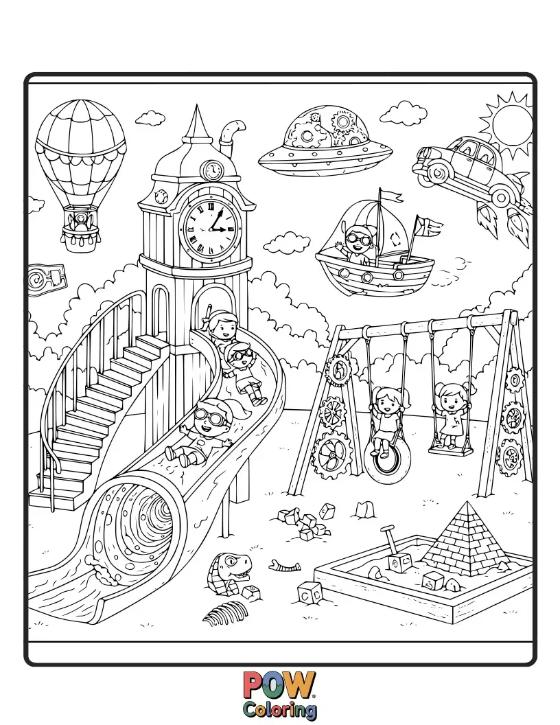 Free coloring page of A playground featuring gears and clocks, suggesting a fun journey through time.