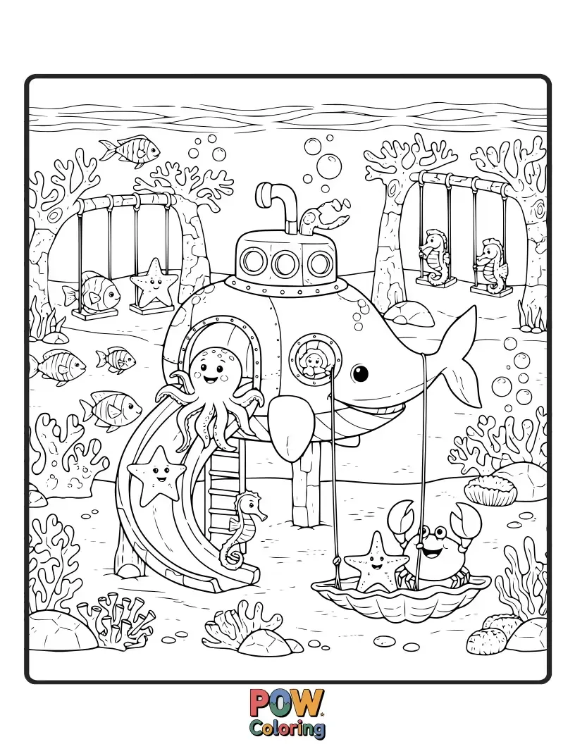 Free coloring page of Imagine a playground designed like an underwater coral reef with sea creatures.