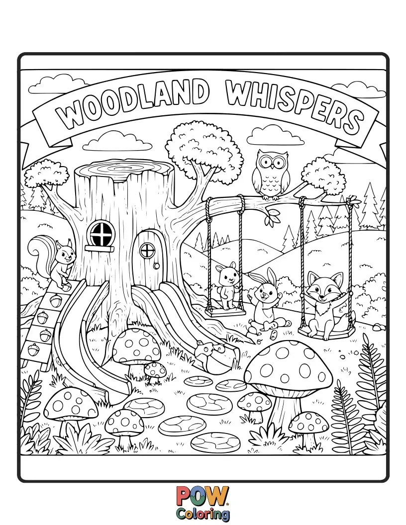 Free coloring page of Fanciful trees with built-in slides and swings, creating a magical forest escape.