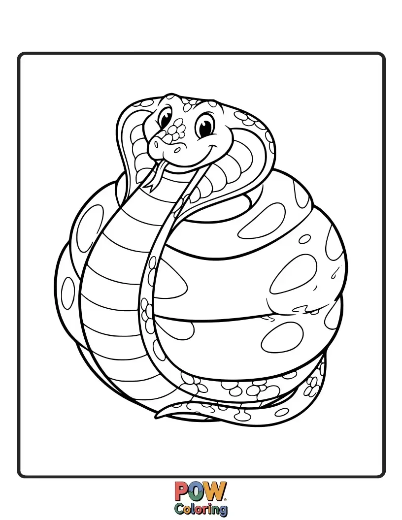 Free coloring page of A cute cobra snake playfully batting a large, colorful yarn ball with its nose.