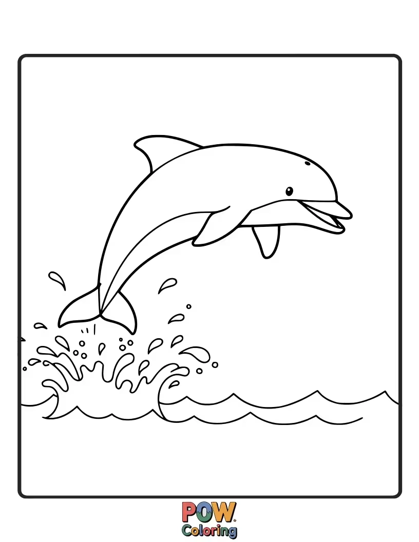 Free coloring page of A playful dolphin jumping out of the water, offering a dynamic shape for little ones to color with excitement.