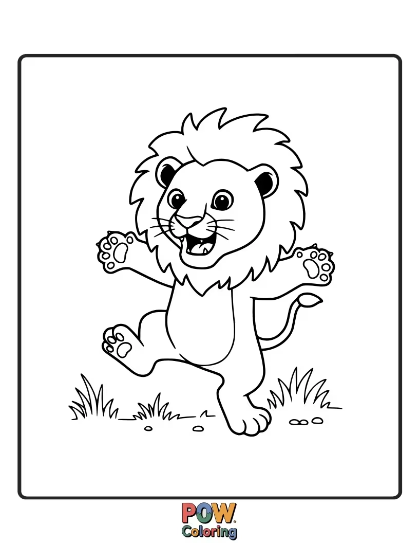 Free coloring page of An adorable lion cub pounces playfully, perfect for little artists.