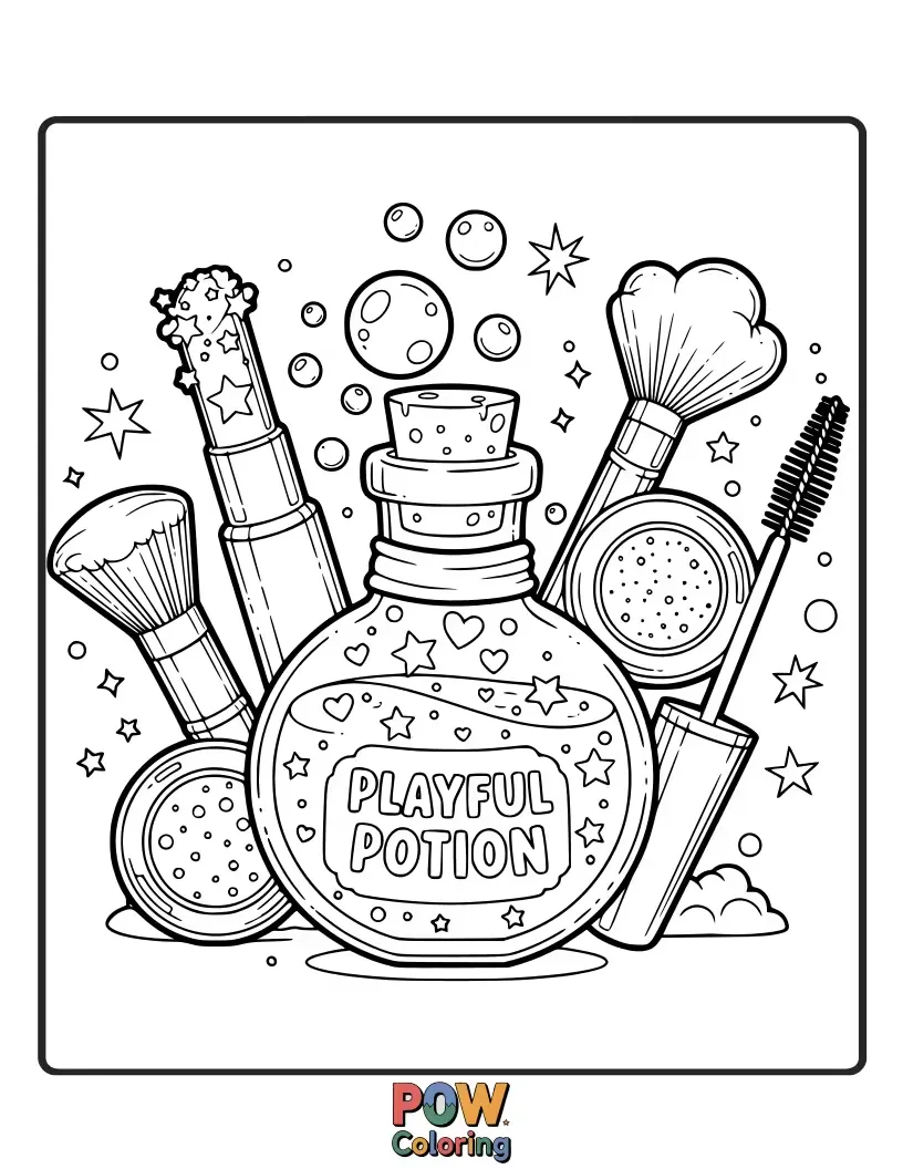 Free coloring page of A bubbling potion bottle filled with colorful makeup ingredients. Mix and match shades for a whimsical concoction.